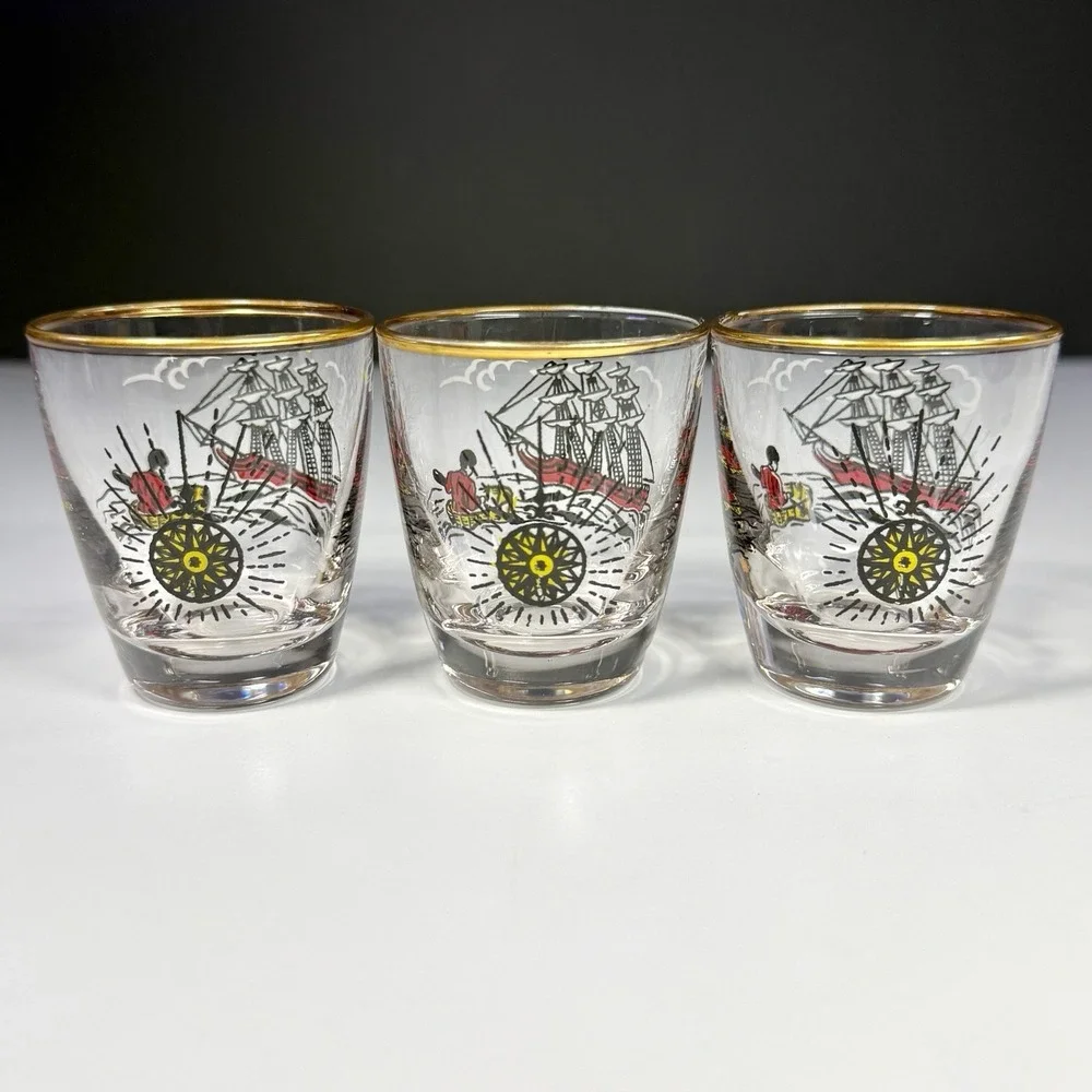VTG Libbey Treasure Island Gold Rim Shot Glasses Pirate Ship MCM Barware Set/3